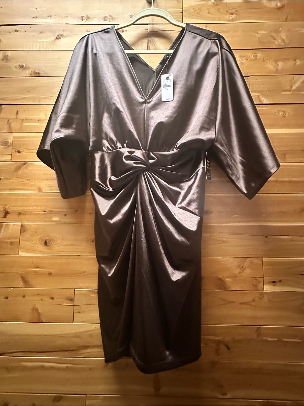 Express Brown Satin Knot-Front Midi Dress
